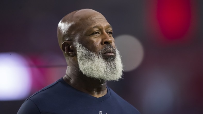 Oct 24, 2021; Glendale, Arizona, USA; Houston Texans defensive coordinator Lovie Smith against the Arizona Cardinals at State Farm Stadium. Mandatory Credit: Mark J. Rebilas-USA TODAY Sports