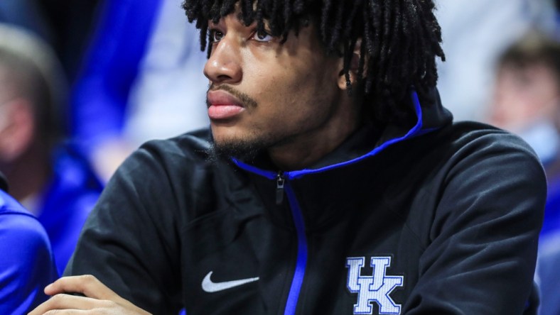 Kentucky's Shaedon Sharpe watched the Wildcats from the bench Saturday night at Rupp Arena. January 8, 2022.Kentucky Vs Georgia Jan 8 2022