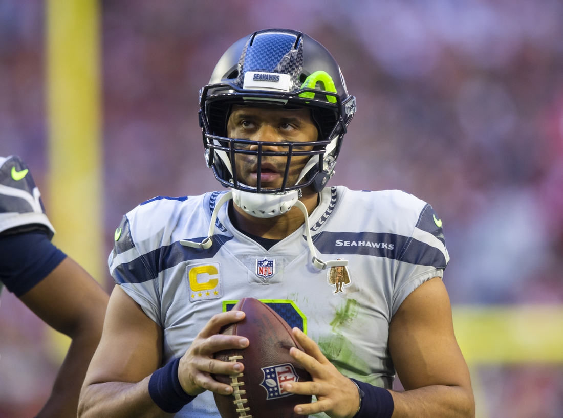 Jan 9, 2022; Glendale, Arizona, USA; Seattle Seahawks quarterback Russell Wilson (3) against the Arizona Cardinals at State Farm Stadium. Mandatory Credit: Mark J. Rebilas-USA TODAY Sports