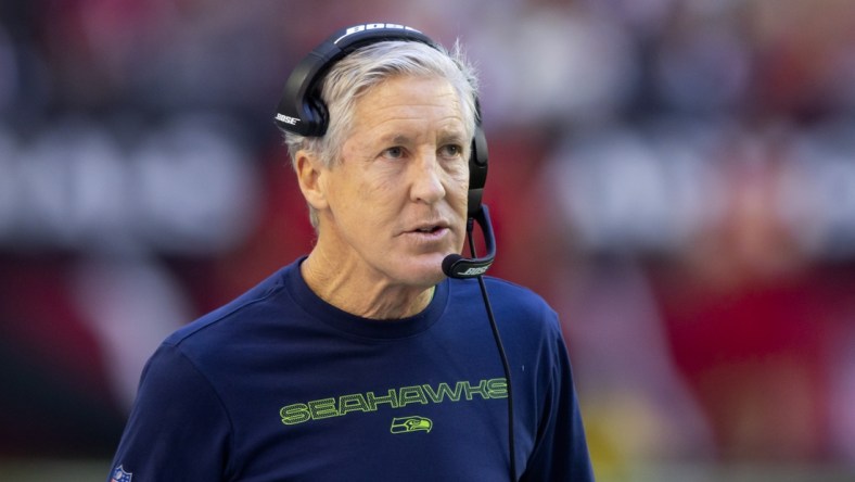 Jan 9, 2022; Glendale, Arizona, USA; Seattle Seahawks head coach Pete Carroll against the Arizona Cardinals at State Farm Stadium. Mandatory Credit: Mark J. Rebilas-USA TODAY Sports