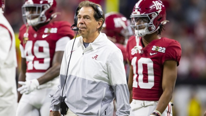 Jan 10, 2022; Indianapolis, IN, USA; Alabama Crimson Tide head coach Nick Saban against the Georgia Bulldogs in the 2022 CFP college football national championship game at Lucas Oil Stadium. Mandatory Credit: Mark J. Rebilas-USA TODAY Sports