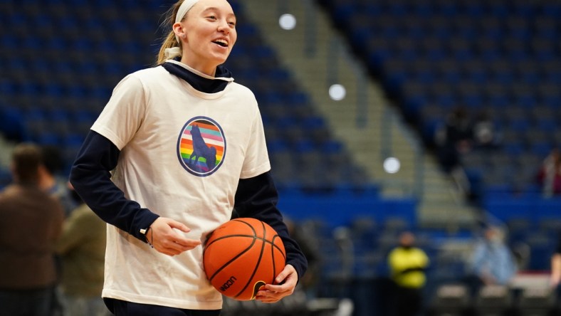 Jan 15, 2022; Hartford, Connecticut, USA; UConn Huskies guard Paige Bueckers (5) on the court before the start of the game against the Xavier Musketeers at XL Center. Mandatory Credit: David Butler II-USA TODAY Sports