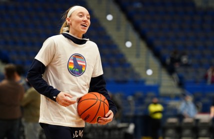 Jan 15, 2022; Hartford, Connecticut, USA; UConn Huskies guard Paige Bueckers (5) on the court before the start of the game against the Xavier Musketeers at XL Center. Mandatory Credit: David Butler II-USA TODAY Sports