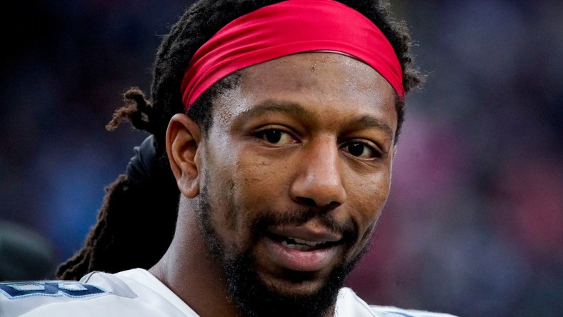 Tennessee Titans outside linebacker Bud Dupree on the sidelines before the team takes on the Titans at NRG Stadium Sunday, Jan. 9, 2022 in Houston, Texas.

Titans Texans 032