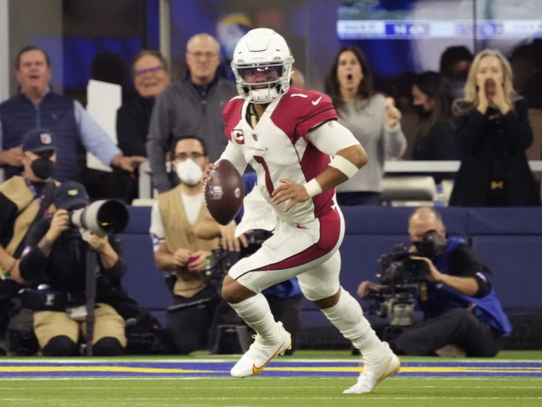 Jan 17, 2022; Los Angeles, California, USA;  Arizona Cardinals quarterback Kyler Murray (1) scrambles out of the pocket against the Los Angeles Rams during the second quarter of the NFC Wild Card playoff game.

Nfc Wild Card Playoff Cardinals Vs Rams
