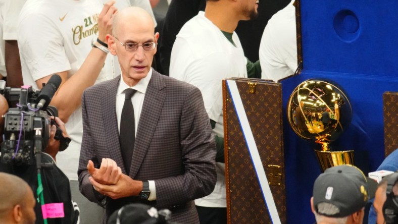 Jul 20, 2021; Milwaukee, Wisconsin, USA;  NBA commissioner Adam Silver after the Milwaukee Bucks game six victory to clinch the 2021 NBA Finals against the Phoenix Suns at Fiserv Forum. Mandatory Credit: Mark J. Rebilas-USA TODAY Sports