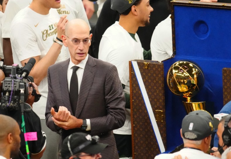 Jul 20, 2021; Milwaukee, Wisconsin, USA;  NBA commissioner Adam Silver after the Milwaukee Bucks game six victory to clinch the 2021 NBA Finals against the Phoenix Suns at Fiserv Forum. Mandatory Credit: Mark J. Rebilas-USA TODAY Sports