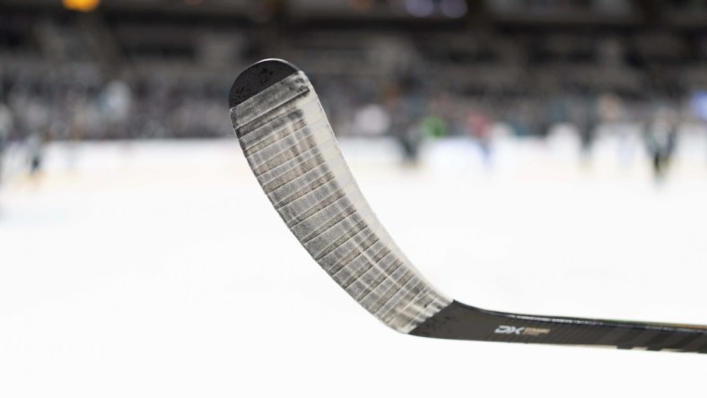 Jan 13, 2022; San Jose, California, USA;  General view of a hockey stick before the start of the first period between the San Jose Sharks and the New York Rangers at SAP Center at San Jose. Mandatory Credit: Stan Szeto-USA TODAY Sports