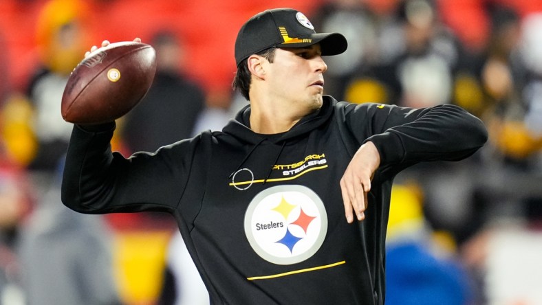 Jan 16, 2022; Kansas City, Missouri, USA; Pittsburgh Steelers quarterback Mason Rudolph (2) warms up before an AFC Wild Card playoff football game against the Kansas City Chiefs at GEHA Field at Arrowhead Stadium. Mandatory Credit: Jay Biggerstaff-USA TODAY Sports