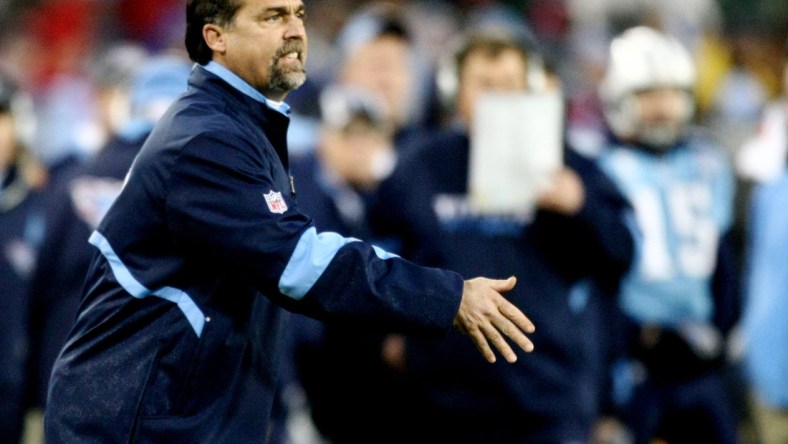 Tennessee Titans head coach Jeff Fisher isn't happy about what going on the field against Baltimore Ravens during the AFC Divisional Round playoff game at LP Field in Nashville Jan. 10, 2009.