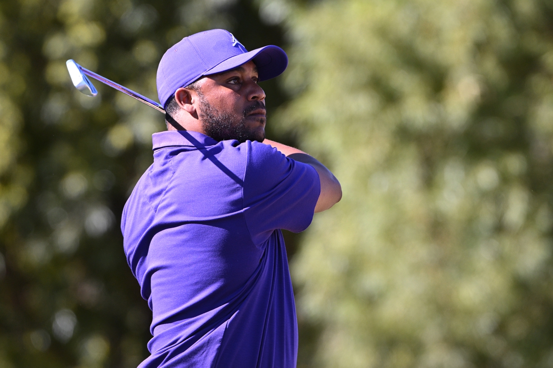 Jan 23, 2022; La Quinta, California, USA; Harold Varner III plays his shot from the second tee during the final round of the American Express golf tournament at Pete Dye Stadium Course. Mandatory Credit: Orlando Ramirez-USA TODAY Sports