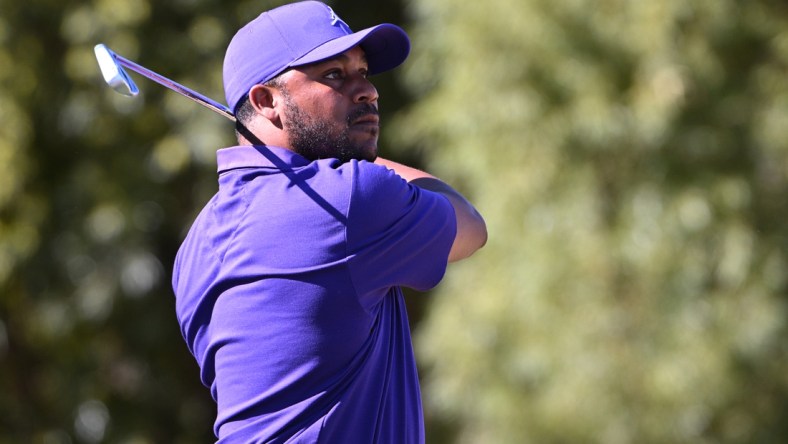 Jan 23, 2022; La Quinta, California, USA; Harold Varner III plays his shot from the second tee during the final round of the American Express golf tournament at Pete Dye Stadium Course. Mandatory Credit: Orlando Ramirez-USA TODAY Sports