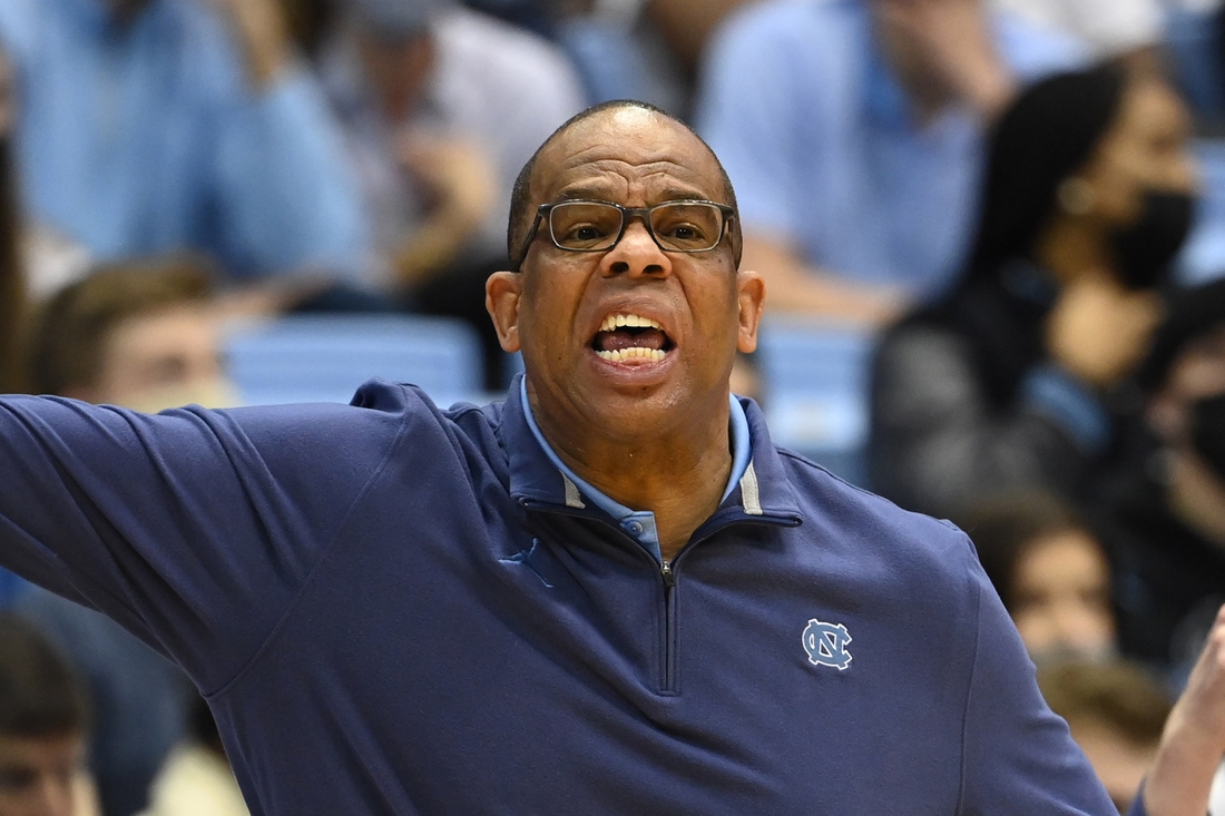 Jan 26, 2022; Chapel Hill, North Carolina, USA;  North Carolina Tar Heels head coach Hubert Davis reacts in the second half at Dean E. Smith Center. Mandatory Credit: Bob Donnan-USA TODAY Sports