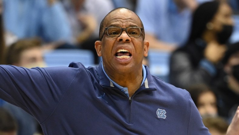 Jan 26, 2022; Chapel Hill, North Carolina, USA;  North Carolina Tar Heels head coach Hubert Davis reacts in the second half at Dean E. Smith Center. Mandatory Credit: Bob Donnan-USA TODAY Sports