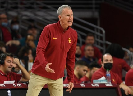 Jan 24, 2022; Los Angeles, California, USA;  USC Trojans head coach Andy Enfield instructs from the bench in the first half the game against the Arizona State Sun Devils at Galen Center. Mandatory Credit: Jayne Kamin-Oncea-USA TODAY Sports