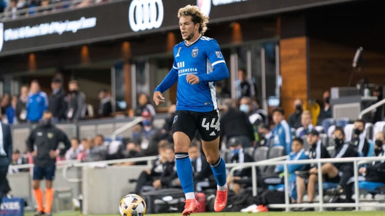 September 29, 2021; San Jose, California, USA; San Jose Earthquakes forward Cade Cowell (44) during the second half against the Seattle Sounders at PayPal Park. Mandatory Credit: Kyle Terada-USA TODAY Sports