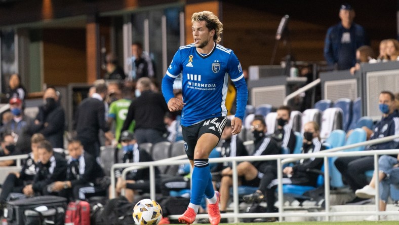 September 29, 2021; San Jose, California, USA; San Jose Earthquakes forward Cade Cowell (44) during the second half against the Seattle Sounders at PayPal Park. Mandatory Credit: Kyle Terada-USA TODAY Sports