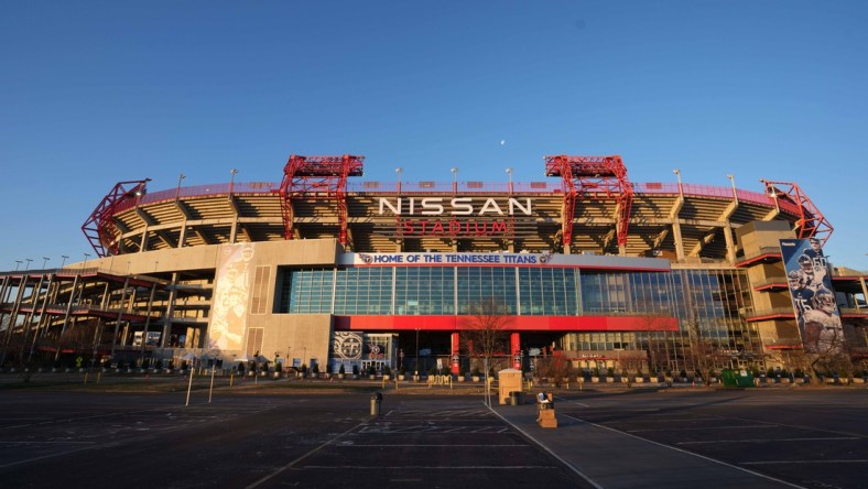 Jan 22, 2022; Nashville, Tennessee, USA; A general overall aerial view of Nissan Stadium exterior. Mandatory Credit: Kirby Lee-USA TODAY Sports