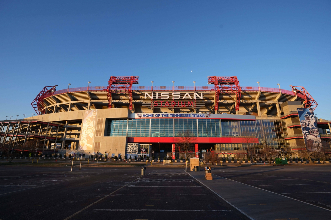 Jan 22, 2022; Nashville, Tennessee, USA; A general overall aerial view of Nissan Stadium exterior. Mandatory Credit: Kirby Lee-USA TODAY Sports