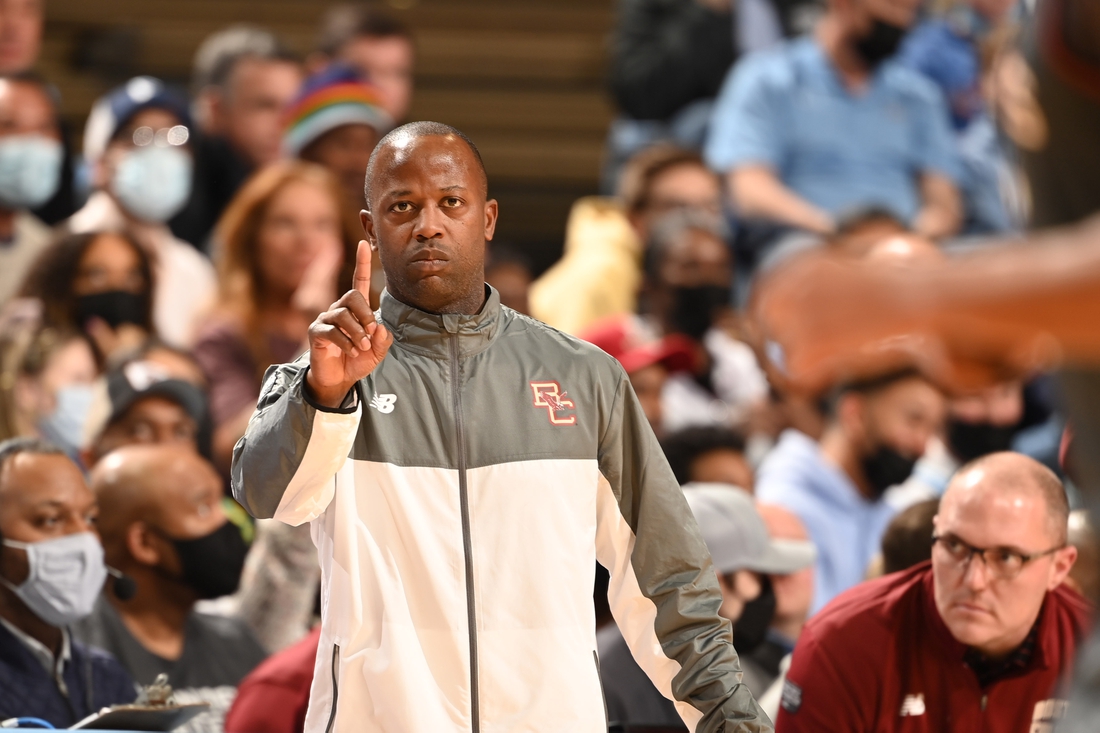 Jan 26, 2022; Chapel Hill, North Carolina, USA;  Boston College Eagles head coach Earl Grant signals in the second half at Dean E. Smith Center. Mandatory Credit: Bob Donnan-USA TODAY Sports