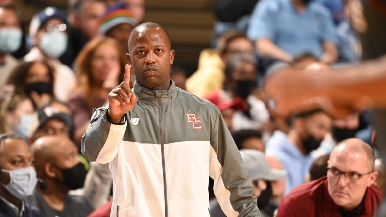 Jan 26, 2022; Chapel Hill, North Carolina, USA;  Boston College Eagles head coach Earl Grant signals in the second half at Dean E. Smith Center. Mandatory Credit: Bob Donnan-USA TODAY Sports