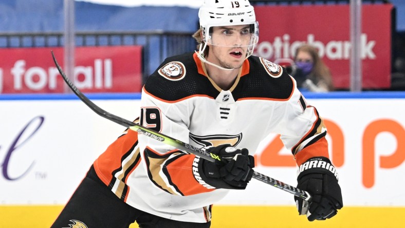 Jan 26, 2022; Toronto, Ontario, CAN;  Anaheim Ducks forward Troy Terry (19) pursues the play against the Toronto Maple Leafs in the first period at Scotiabank Arena. Mandatory Credit: Dan Hamilton-USA TODAY Sports