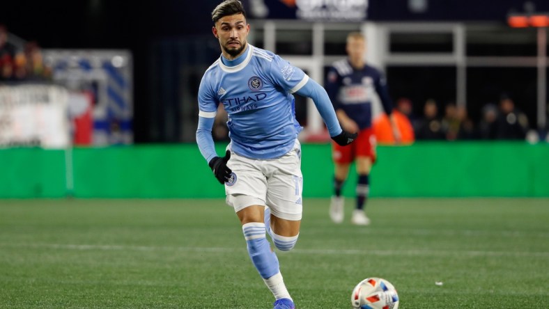 Nov 30, 2021; Foxborough, MA, USA; New York City FC midfielder Valentin Castellanos (11) in the conference semifinals of the 2021 MLS playoffs against the New England Revolution at Gillette Stadium. Mandatory Credit: Winslow Townson-USA TODAY Sports