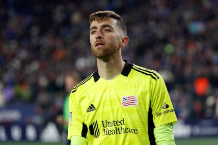 Nov 30, 2021; Foxborough, MA, USA; New England Revolution goalkeeper Matt Turner (30) in the conference semifinals of the 2021 MLS playoffs against the New York City FC at Gillette Stadium. Mandatory Credit: Winslow Townson-USA TODAY Sports