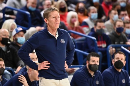 Jan 8, 2022; Spokane, Washington, USA; Gonzaga Bulldogs head coach Mark Few looks on against the Pepperdine Waves in the second half at McCarthey Athletic Center. Gonzaga won 117-83. Mandatory Credit: James Snook-USA TODAY Sports