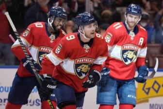 Jan 27, 2022; Sunrise, Florida, USA; Florida Panthers center Sam Bennett (9) celebrates his goal against the Vegas Golden Knights with left wing Anthony Duclair (10) and left wing Jonathan Huberdeau (11) during the second period at FLA Live Arena. Mandatory Credit: Jasen Vinlove-USA TODAY Sports