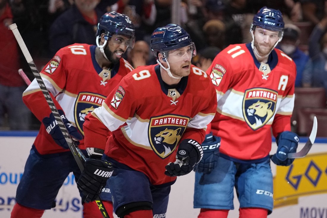 Huberdeau's big night leads first place Panthers past Carolina in overtime