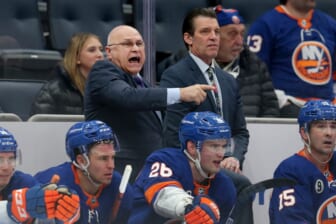 Jan 27, 2022; Elmont, New York, USA; New York Islanders head coach Barry Trotz coaches his team against the Los Angeles Kings during the third period at UBS Arena. Mandatory Credit: Brad Penner-USA TODAY Sports