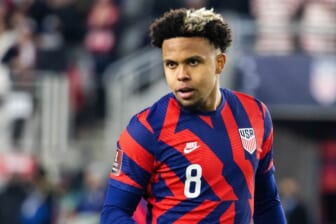 Jan 27, 2022; Columbus, Ohio, USA; United States midfielder Weston Mckennie (8) during the CONCACAF FIFA World Cup Qualifier soccer match against El Salvador at Lower.com Field. Mandatory Credit: Trevor Ruszkowski-USA TODAY Sports
