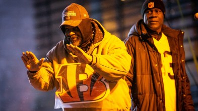 Bengals legends Ickey Woods and David Fulcher appear before a crowd during the Bengals Pep Rally at The Banks on Friday, January 28, 2022 ahead of the AFC Championship game on Sunday.

018pep Rally