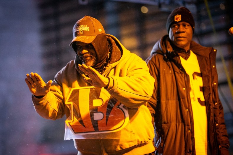 Bengals legends Ickey Woods and David Fulcher appear before a crowd during the Bengals Pep Rally at The Banks on Friday, January 28, 2022 ahead of the AFC Championship game on Sunday.

018pep Rally