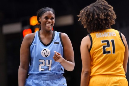 Jan 28, 2022; Las Vegas, Nevada, USA; Team Sims center Kalani Brown (24) talks with Team Mitchell forward Tianna Hawkins (21) during the third quarter at Athletes Unlimited Arena. Mandatory Credit: Lucas Peltier-USA TODAY Sports