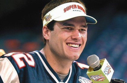 In 2002, Tom Brady at  media day at the New Orleans Superdome as both the New England Patriots and the St. Louis Rams answered questions from media personel as the field was being prepared for this Sundays Superbowl game.