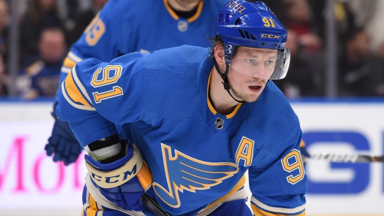 Jan 29, 2022; St. Louis, Missouri, USA; St. Louis Blues right wing Vladimir Tarasenko (91) looks on prior to a face off against the Winnipeg Jets during the third period at Enterprise Center. Mandatory Credit: Joe Puetz-USA TODAY Sports