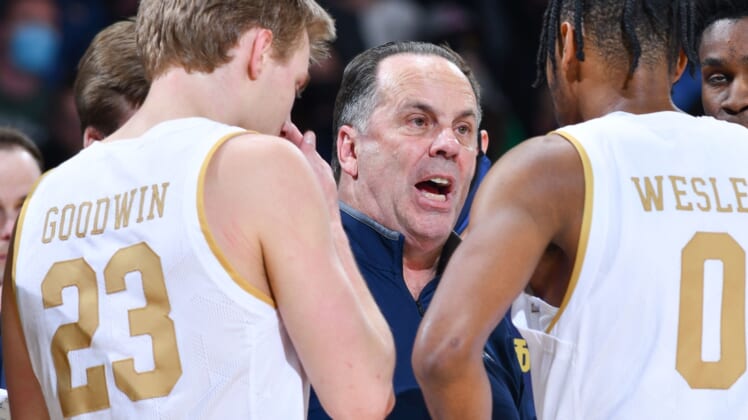 Jan 29, 2022; South Bend, Indiana, USA; Notre Dame Fighting Irish head coach Mike Brey talk to his players in the second half against the Virginia Cavaliers at the Purcell Pavilion. Mandatory Credit: Matt Cashore-USA TODAY Sports