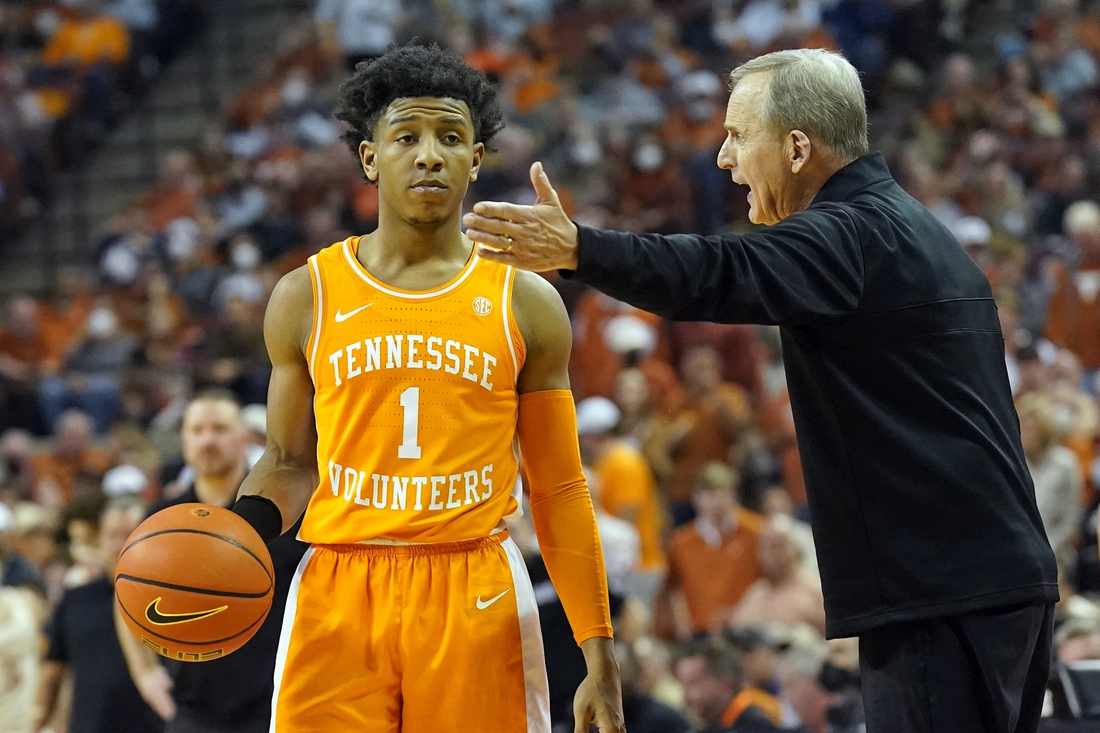 Jan 29, 2022; Austin, Texas, USA; Tennessee Volunteers head coach Rick Barnes talks with guard Kennedy Chandler (12) during the second half against the Texas Longhorns at Frank C. Erwin Jr. Center. Mandatory Credit: Scott Wachter-USA TODAY Sports