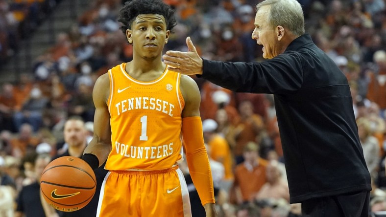 Jan 29, 2022; Austin, Texas, USA; Tennessee Volunteers head coach Rick Barnes talks with guard Kennedy Chandler (12) during the second half against the Texas Longhorns at Frank C. Erwin Jr. Center. Mandatory Credit: Scott Wachter-USA TODAY Sports