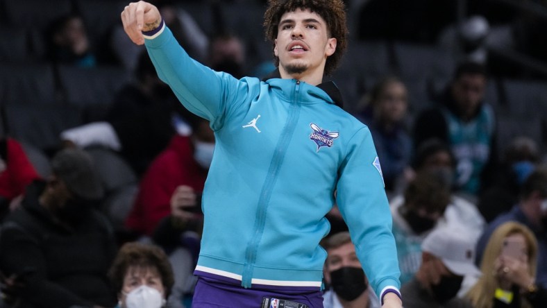 Jan 30, 2022; Charlotte, North Carolina, USA; Charlotte Hornets guard LaMelo Ball (2) during the first quarter against the LA Clippers at the Spectrum Center. Mandatory Credit: Jim Dedmon-USA TODAY Sports