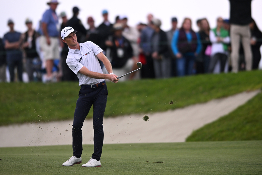 Jan 29, 2022; San Diego, California, USA; Will Zalatoris plays his second shot on the second hole during the final round of the Farmers Insurance Open golf tournament at Torrey Pines Municipal Golf Course - South Course. Mandatory Credit: Orlando Ramirez-USA TODAY Sports