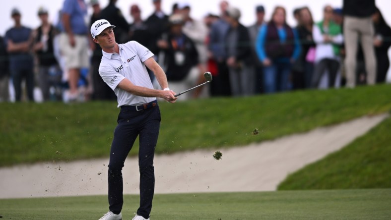 Jan 29, 2022; San Diego, California, USA; Will Zalatoris plays his second shot on the second hole during the final round of the Farmers Insurance Open golf tournament at Torrey Pines Municipal Golf Course - South Course. Mandatory Credit: Orlando Ramirez-USA TODAY Sports