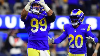 Jan 30, 2022; Inglewood, California, USA; Los Angeles Rams defensive end Aaron Donald (99) celebrates in the fourth quarter during the NFC Championship Game against the San Francisco 49ers at SoFi Stadium. Mandatory Credit: Gary A. Vasquez-USA TODAY Sports