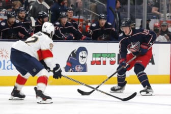 Jan 31, 2022; Columbus, Ohio, USA; Columbus Blue Jackets right wing Patrik Laine (29) Florida Panthers defenseman MacKenzie Weegar (52) defends during the second period at Nationwide Arena. Mandatory Credit: Russell LaBounty-USA TODAY Sports