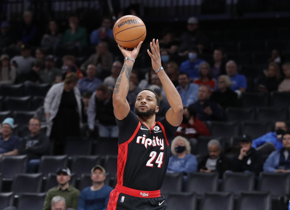 Jan 31, 2022; Oklahoma City, Oklahoma, USA; Portland Trail Blazers forward Norman Powell (24) shoots a three pointer against the Oklahoma City Thunder during the second quarter at Paycom Center. Mandatory Credit: Alonzo Adams-USA TODAY Sports