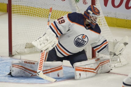 Jan 31, 2022; Ottawa, Ontario, CAN; Edmonton Oilers goalie Mikko Koskinen (19) makes a save in the third period against the Ottawa Senators at the Canadian Tire Centre. Mandatory Credit: Marc DesRosiers-USA TODAY Sports