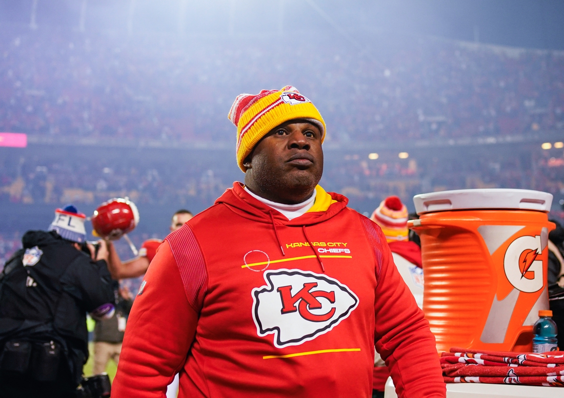 Jan 23, 2022; Kansas City, Missouri, USA; Kansas City Chiefs offensive coordinator Eric Bieniemy leaves the field after defeating the Buffalo Bills in an AFC Divisional playoff football game at GEHA Field at Arrowhead Stadium. Mandatory Credit: Jay Biggerstaff-USA TODAY Sports