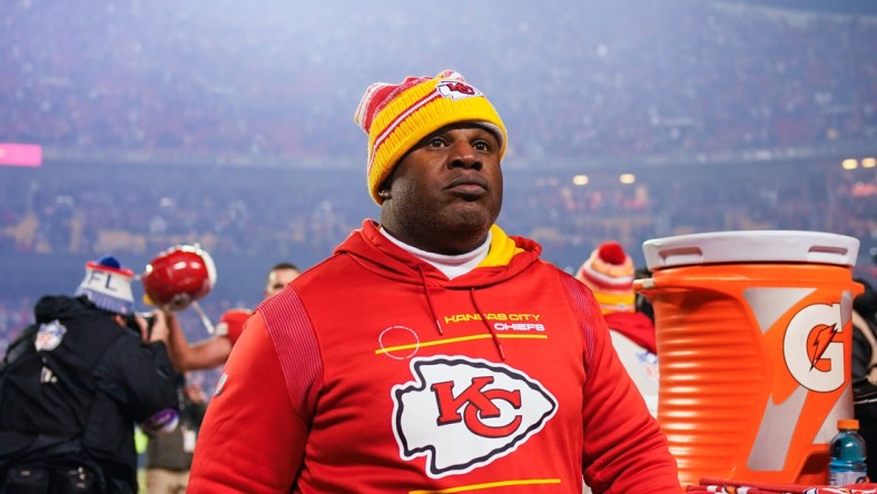 Jan 23, 2022; Kansas City, Missouri, USA; Kansas City Chiefs offensive coordinator Eric Bieniemy leaves the field after defeating the Buffalo Bills in an AFC Divisional playoff football game at GEHA Field at Arrowhead Stadium. Mandatory Credit: Jay Biggerstaff-USA TODAY Sports